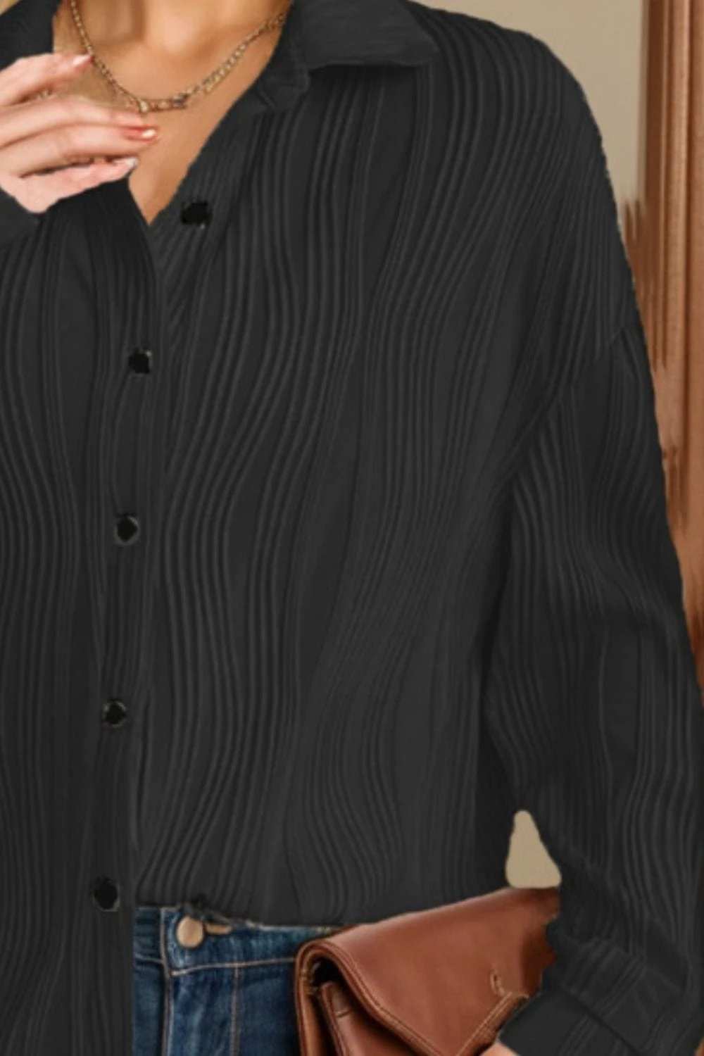 Textured Collared Neck Long Sleeve Shirt - Trendsi - Flyclothing LLC