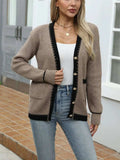 Contrast Trim Button Up Long Sleeve Cardigan - Trendsi - Flyclothing LLC