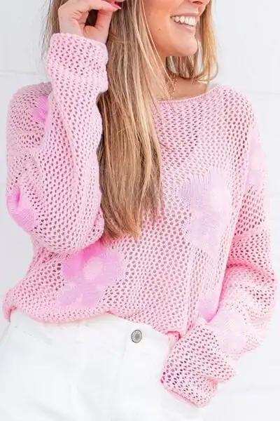 Openwork Round Neck Floral Knit Cover Up - Trendsi - Flyclothing LLC