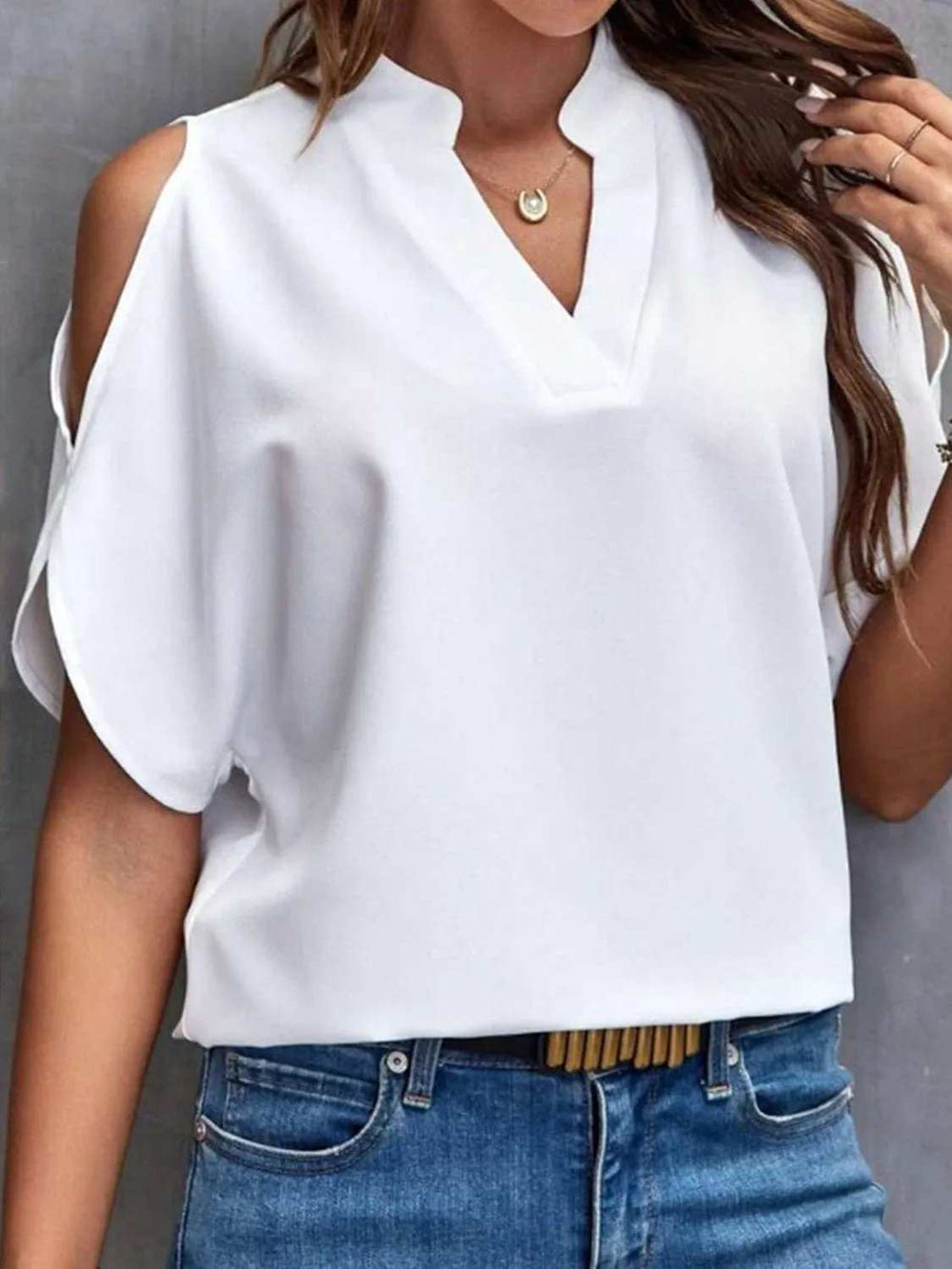 Notched Cold Shoulder Half Sleeve Blouse - Trendsi - Flyclothing LLC