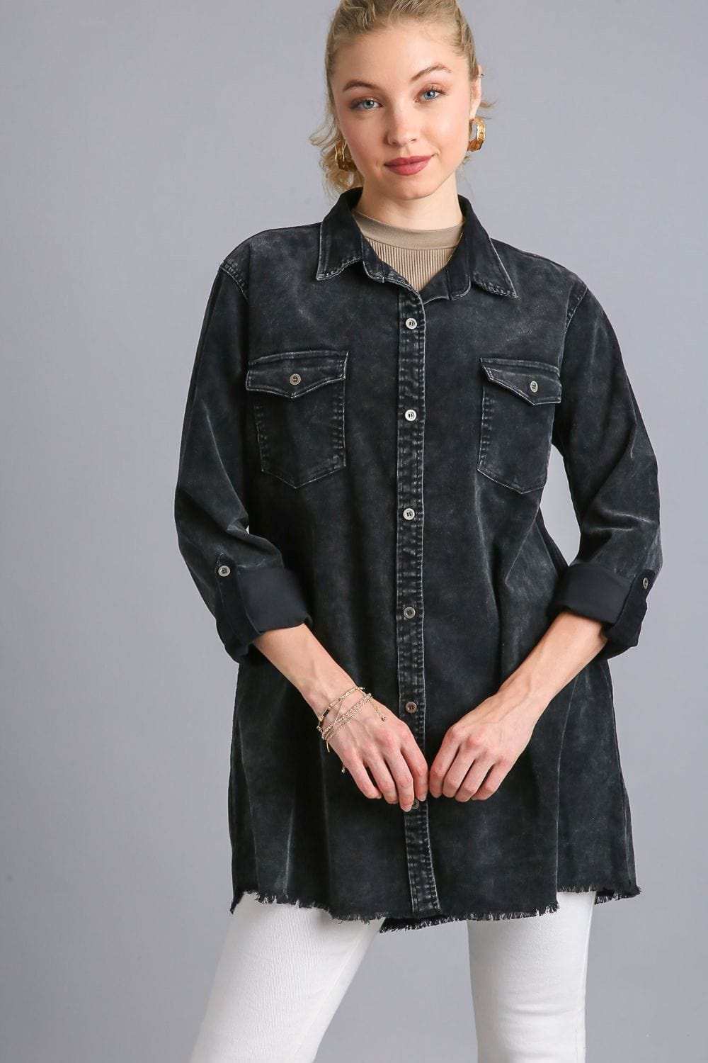 Umgee Raw Hem Button Down Denim Jacket with Chest Pockets - Trendsi - Flyclothing LLC