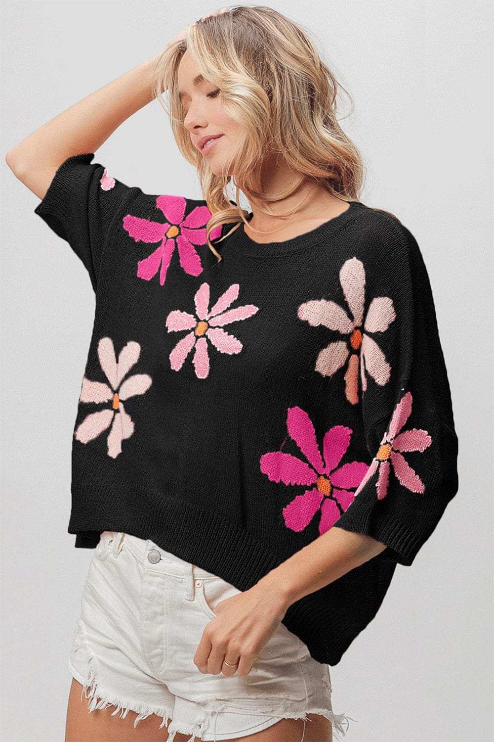 BiBi Floral Pattern Cropped Sweater - Trendsi - Flyclothing LLC