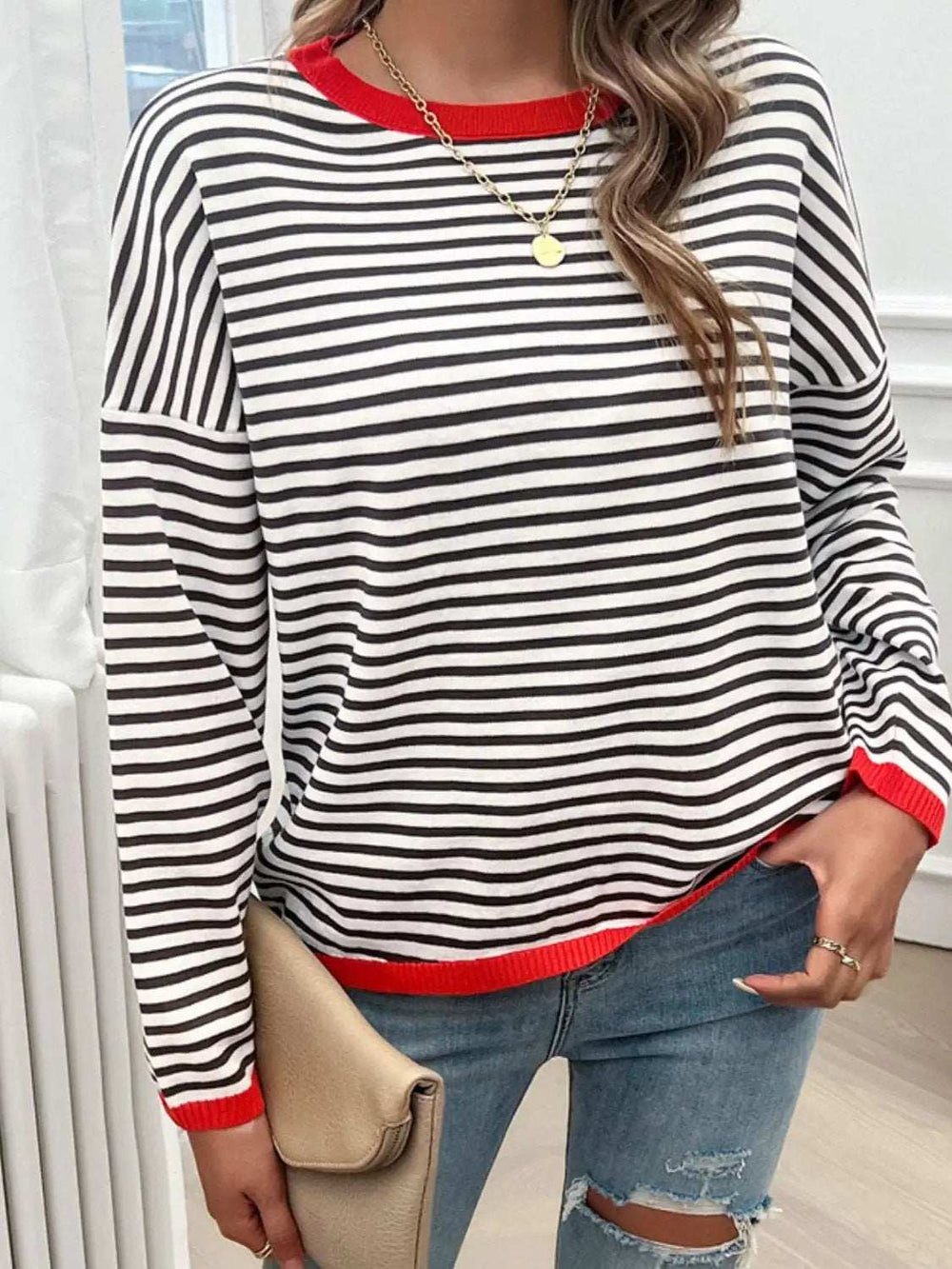 Striped Round Neck Dropped Shoulder Sweater - Trendsi - Flyclothing LLC