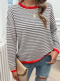 Striped Round Neck Dropped Shoulder Sweater - Trendsi - Flyclothing LLC