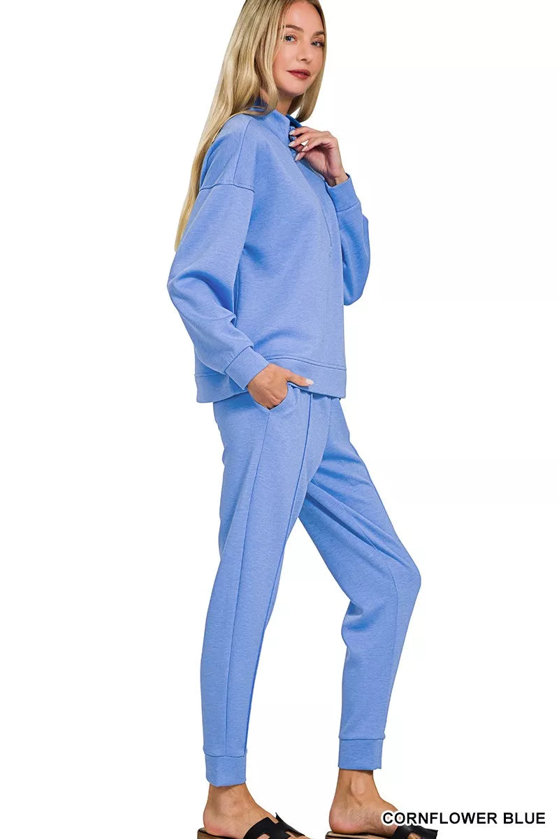 Zenana Scuba Half Zip Pullover and Jogger Set - Trendsi - Flyclothing LLC