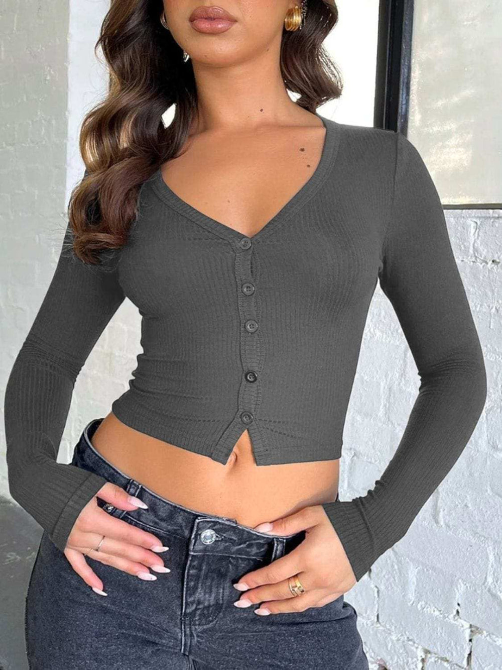 Buttoned V-Neck Long Sleeve T-Shirt - Trendsi - Flyclothing LLC