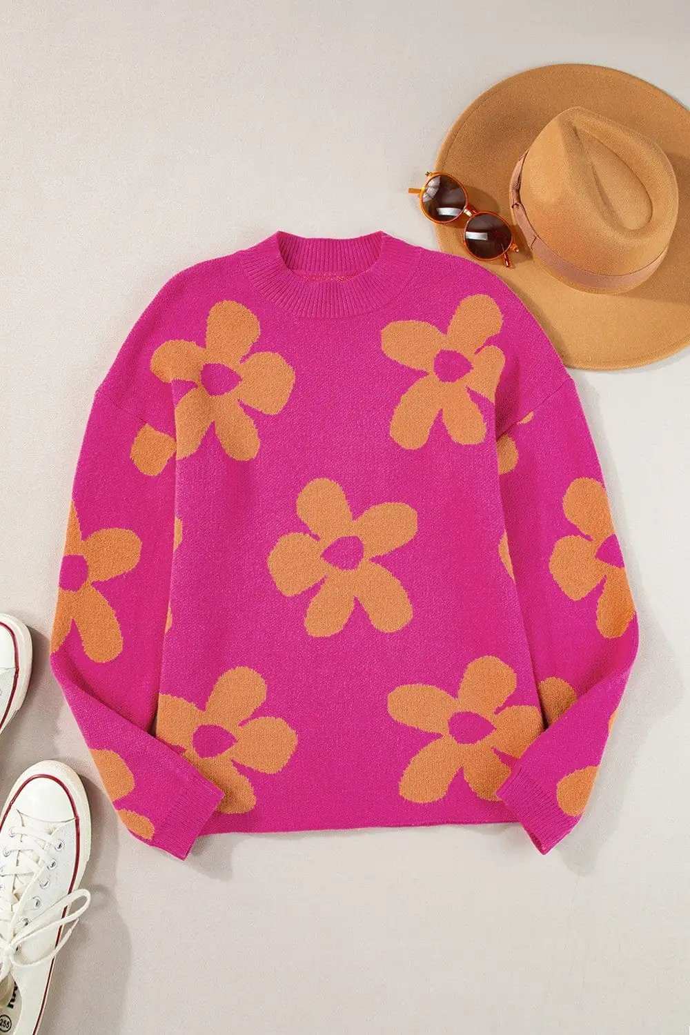Flower Round Neck Long Sleeve Sweater - Trendsi - Flyclothing LLC