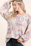 BiBi Brushed Tie Dye Print Top with Puff Sleeves - Trendsi - Flyclothing LLC