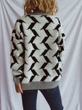 Contrast Trim Geometric V-Neck Long Sleeve Cardigan - Trendsi - Flyclothing LLC