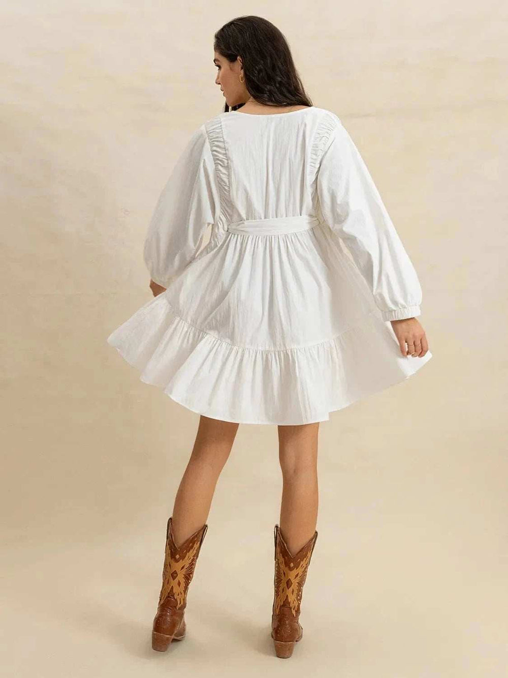 Tiered Tie Neck Long Sleeve Mini Dress - Trendsi - Flyclothing LLC