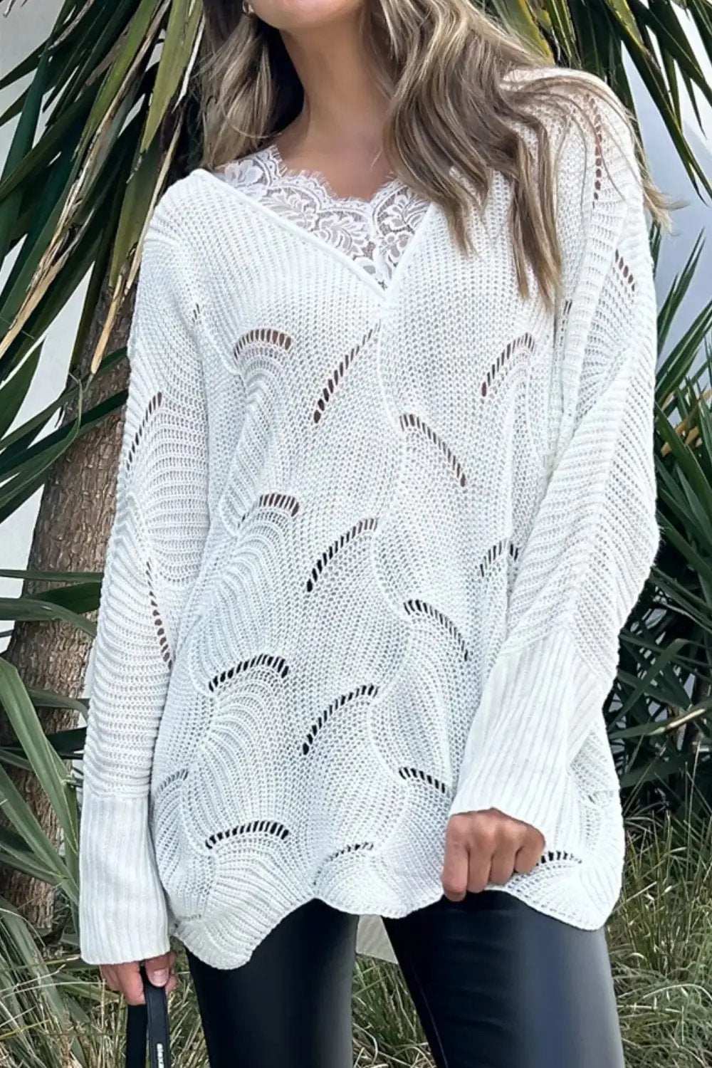 Lace Detail Openwork V-Neck Long Sleeve Sweater - Trendsi - Flyclothing LLC
