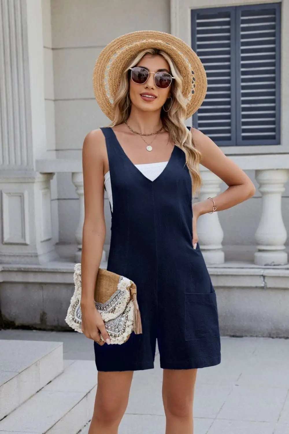 V-Neck Adjustable Strap Romper - Trendsi - Flyclothing LLC