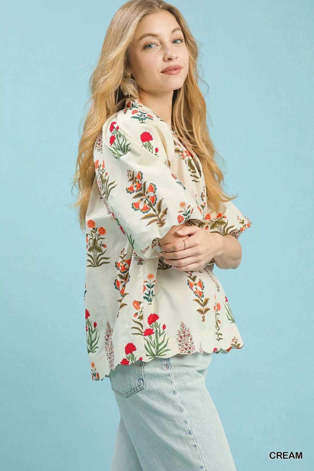 Umgee Floral Print Puff Sleeve Scallop Hem Blouse - Trendsi - Flyclothing LLC