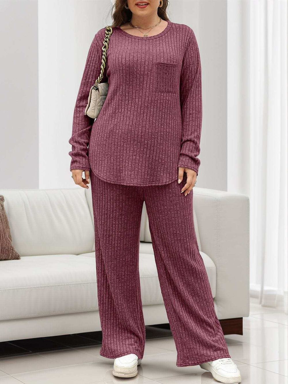 Round Neck Long Sleeve Top and Pants Set - Trendsi - Flyclothing LLC