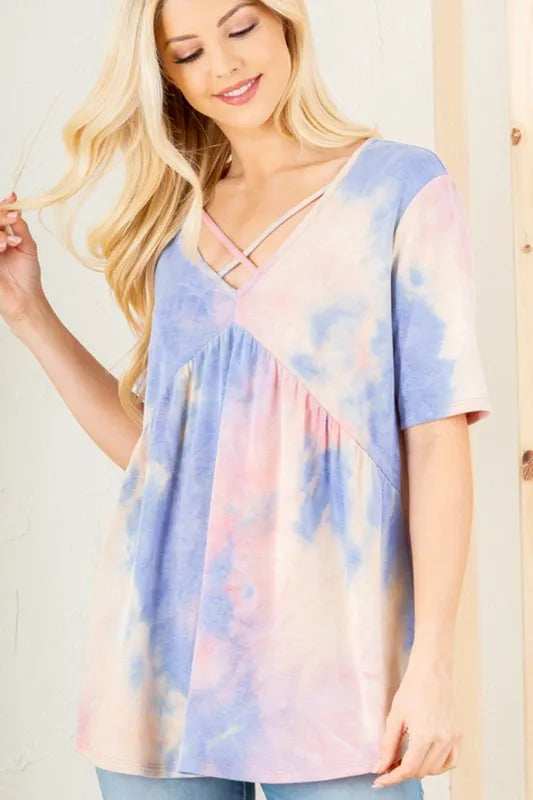Heimish Full Size Crisscross Tie Dye Babydoll Top Plus Size - Trendsi - Flyclothing LLC