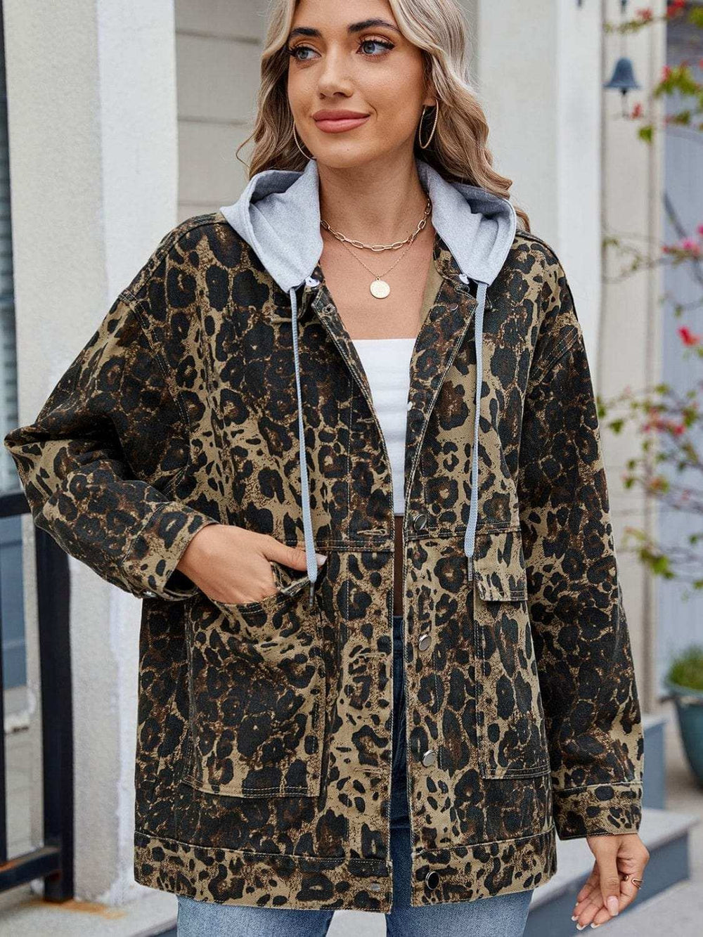 Leopard Button Up Drop Shoulder Denim Jacket - Trendsi - Flyclothing LLC
