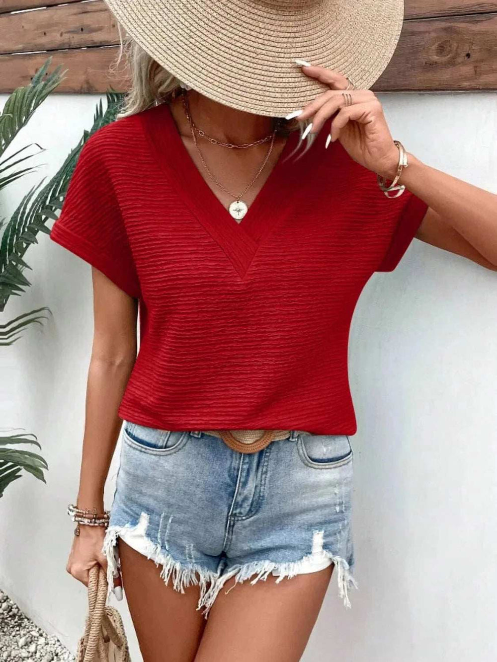 Textured Solid Color Short Sleeve Top - Trendsi - Flyclothing LLC