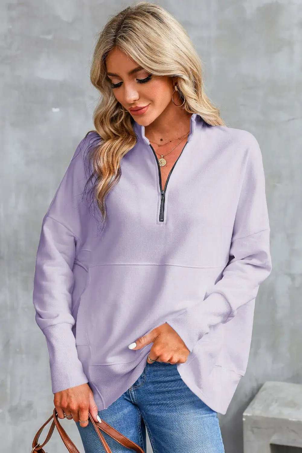 Half Zip Pocketed Dropped Shoulder Sweatshirt - Trendsi - Flyclothing LLC