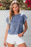 Pearl Trim Round Neck Cap Sleeve Denim Top - Trendsi - Flyclothing LLC