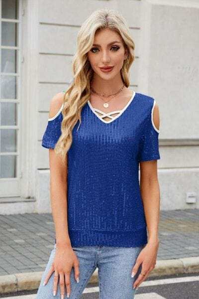 Sequin Cold Shoulder Short Sleeve Blouse - Trendsi - Flyclothing LLC