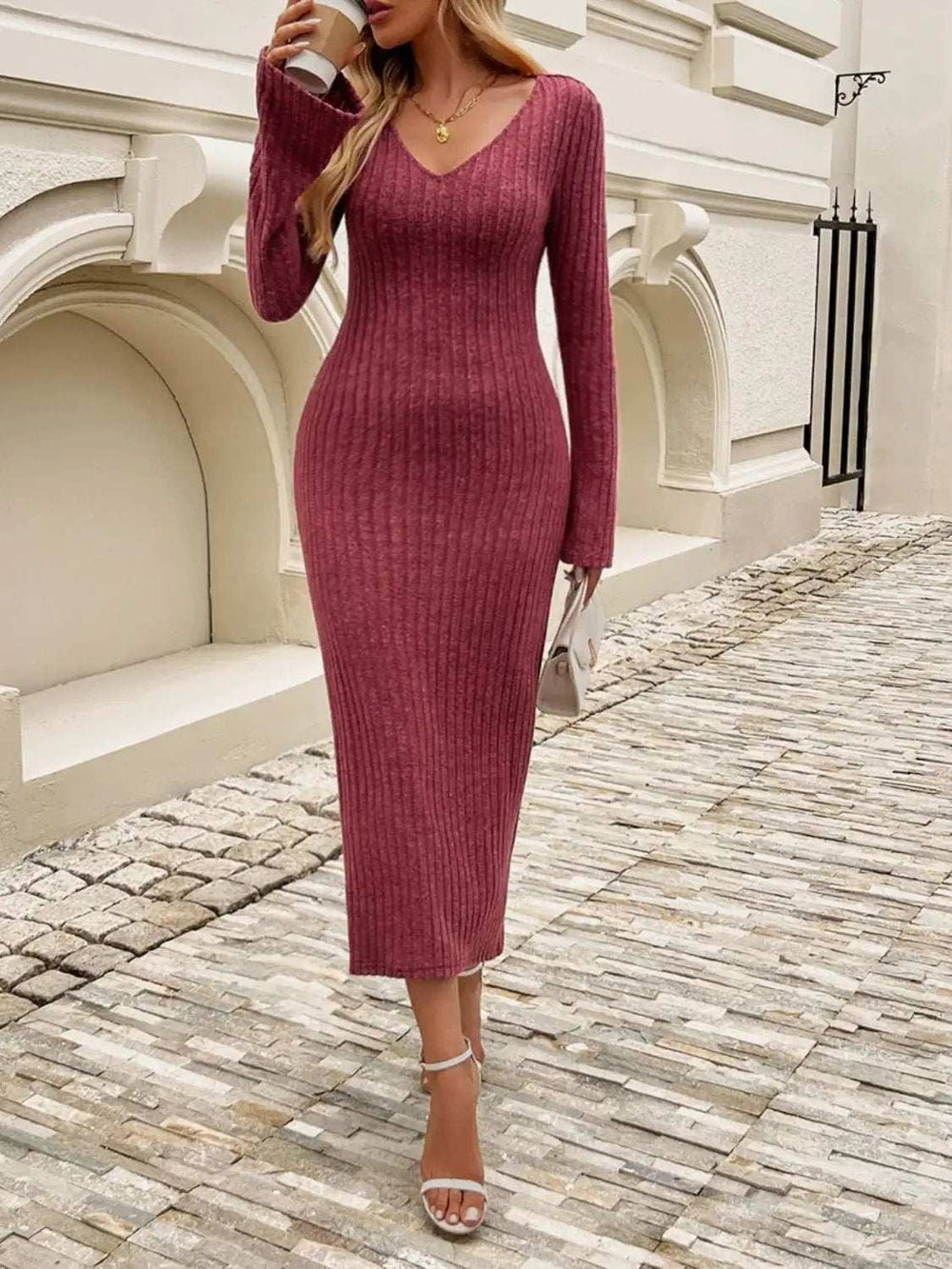 Devine Tied V-Neck Long Sleeve Sweater Dress - Trendsi - Flyclothing LLC