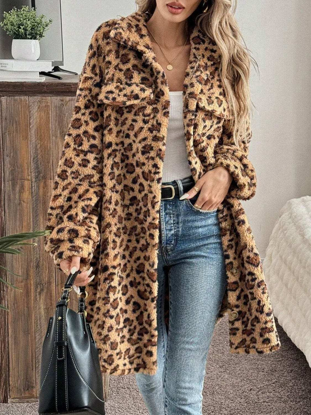 Leopard Button Up Long Sleeve Fuzzy Coat - Trendsi - Flyclothing LLC