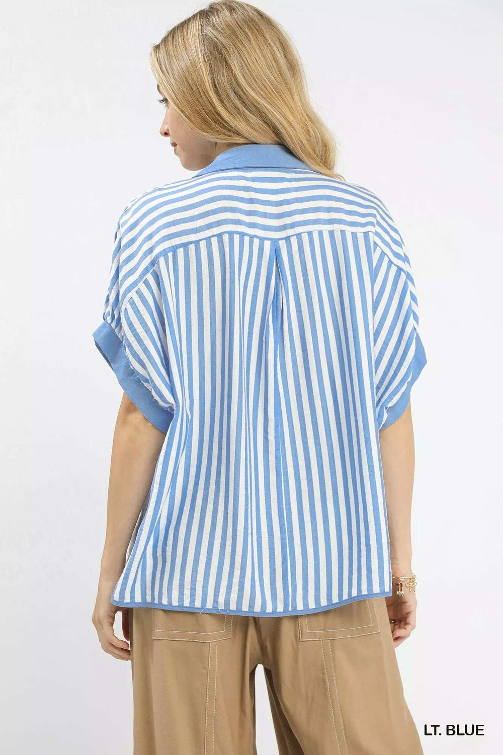 Umgee Stripe Collared Oversized Top - Trendsi - Flyclothing LLC