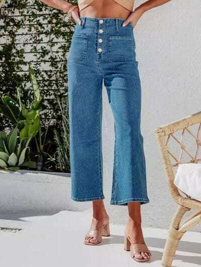 Button Fly Cropped Jeans with Pockets - Trendsi - Flyclothing LLC