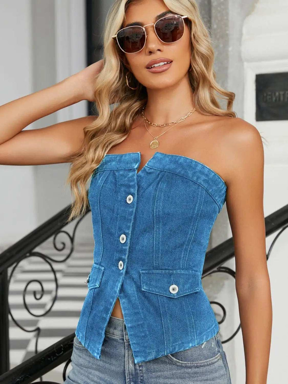 Smocked Tube Denim Top - Trendsi - Flyclothing LLC