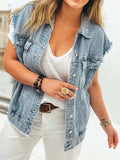 Button Flap Pocket Frayed Detail Denim Vest - Trendsi - Flyclothing LLC