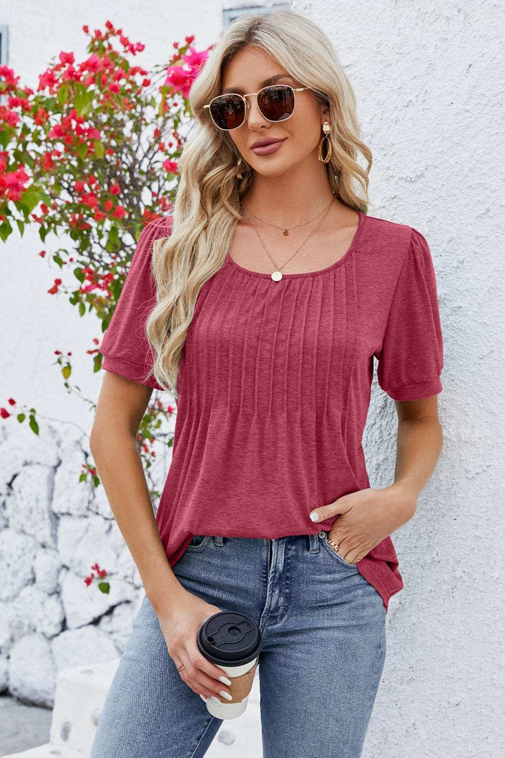 Ruched Scoop Neck Short Sleeve Blouse - Trendsi - Flyclothing LLC