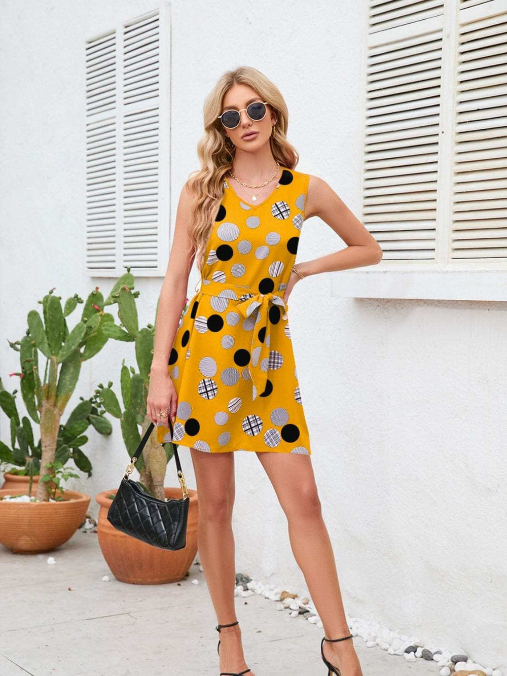 Tied Polka Dot V-Neck Dress - Trendsi - Flyclothing LLC