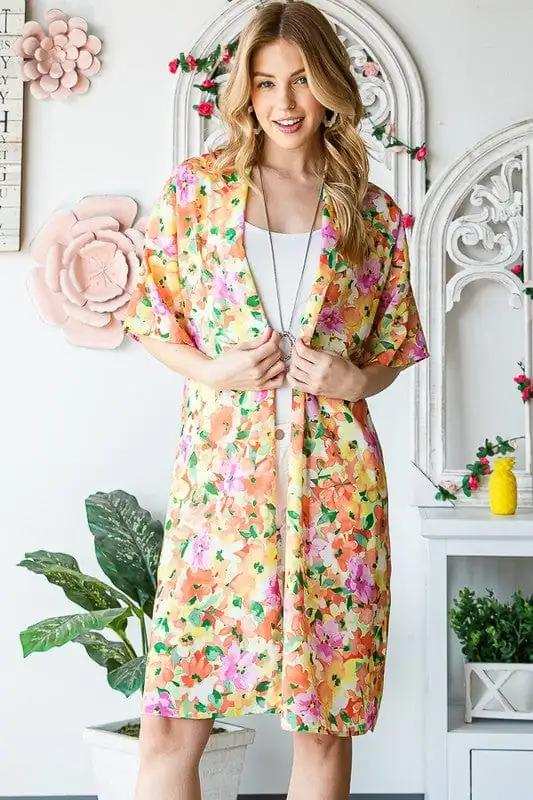 Heimish Full Size Half Sleeve Multi Color Floral Open Cardigan Plus Size - Trendsi - Flyclothing LLC