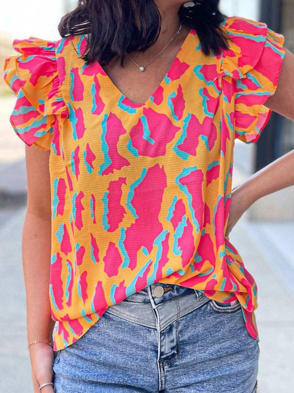 Ruffled Printed V-Neck Cap Sleeve Blouse - Trendsi - Flyclothing LLC