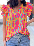 Ruffled Printed V-Neck Cap Sleeve Blouse - Trendsi - Flyclothing LLC