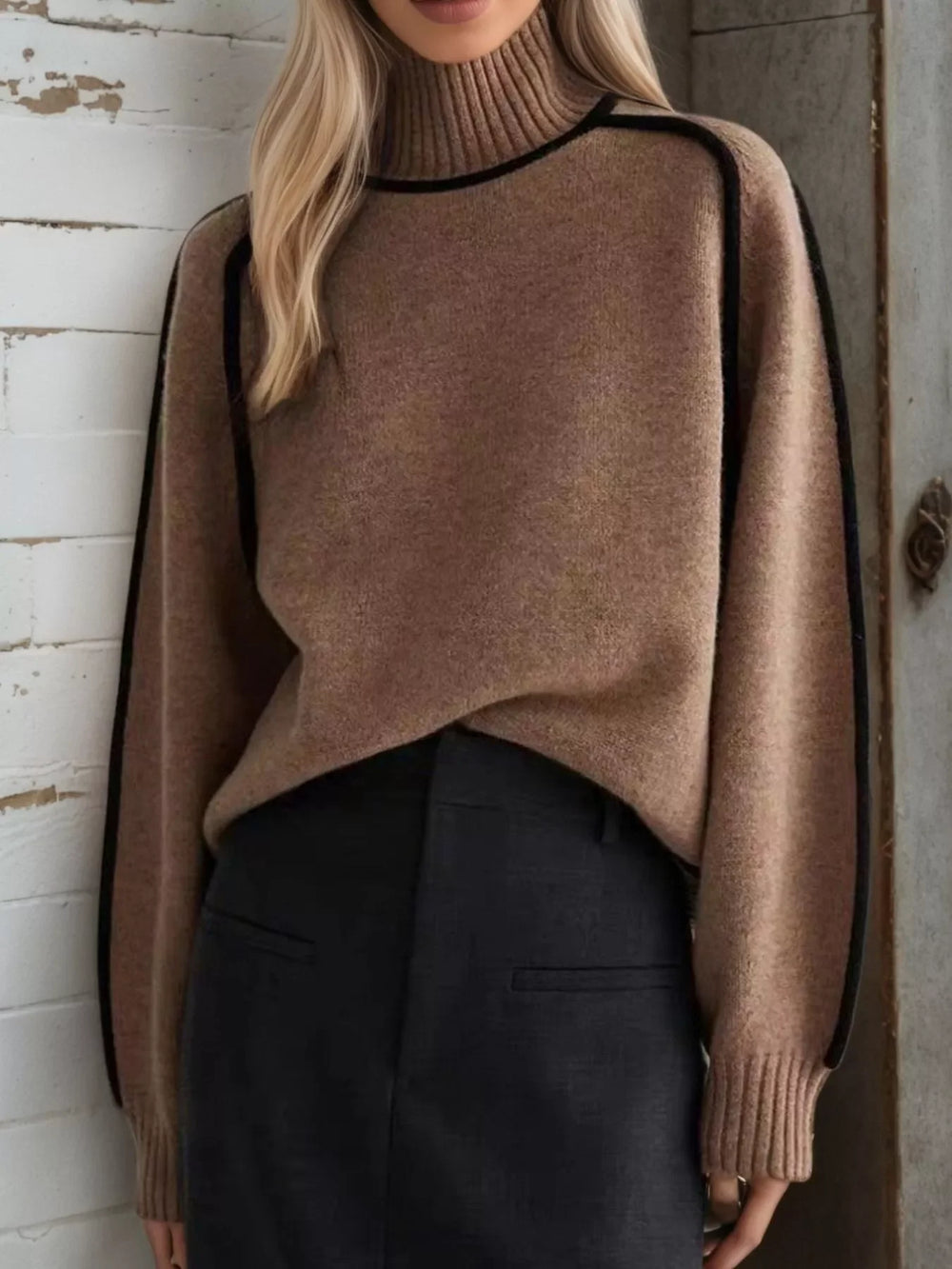 Contrast Trim Turtleneck Sweater - Trendsi - Flyclothing LLC