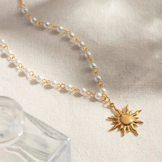 18K Gold-Plated Pearl Sun Necklace - Trendsi - Flyclothing LLC