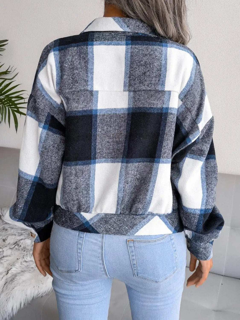 Plaid Collared Neck Long Sleeve Jacket - Trendsi - Flyclothing LLC