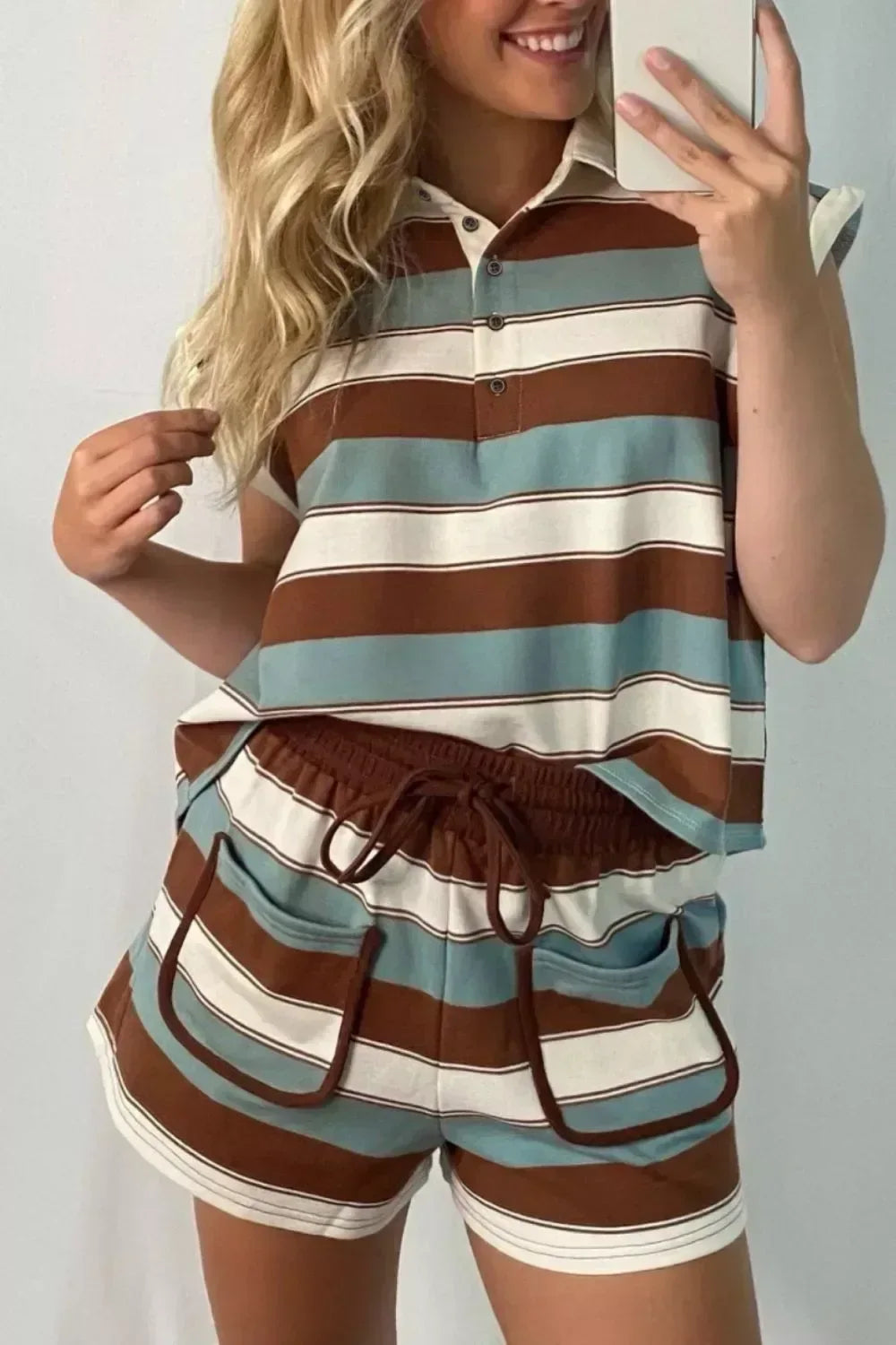 Stripe Button Polo Collar Tee Drawstring Elastic Waist Patchwork 2pcs Short Set - Trendsi - Flyclothing LLC