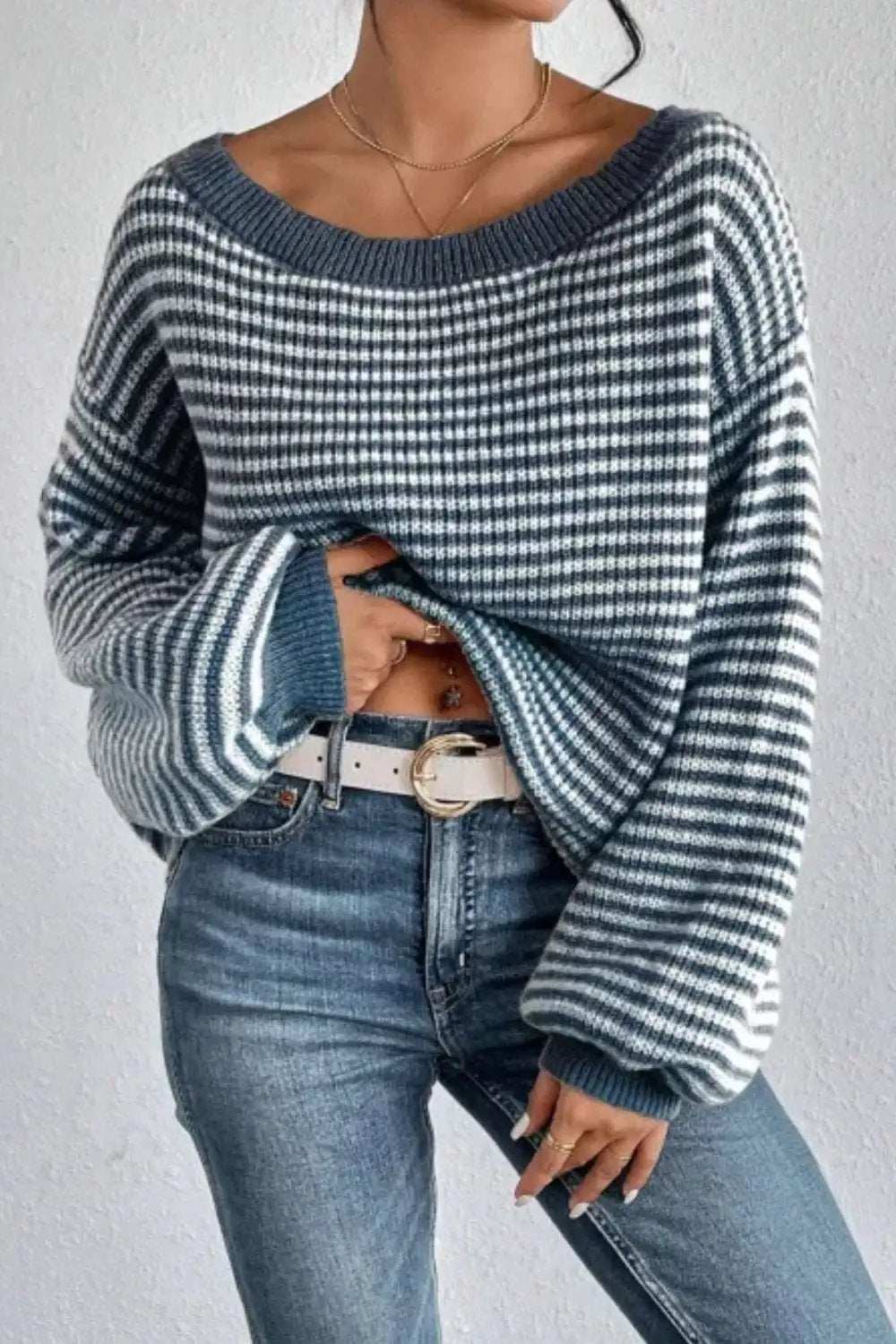 Striped Boat Neck Long Sleeve Sweater - Trendsi - Flyclothing LLC