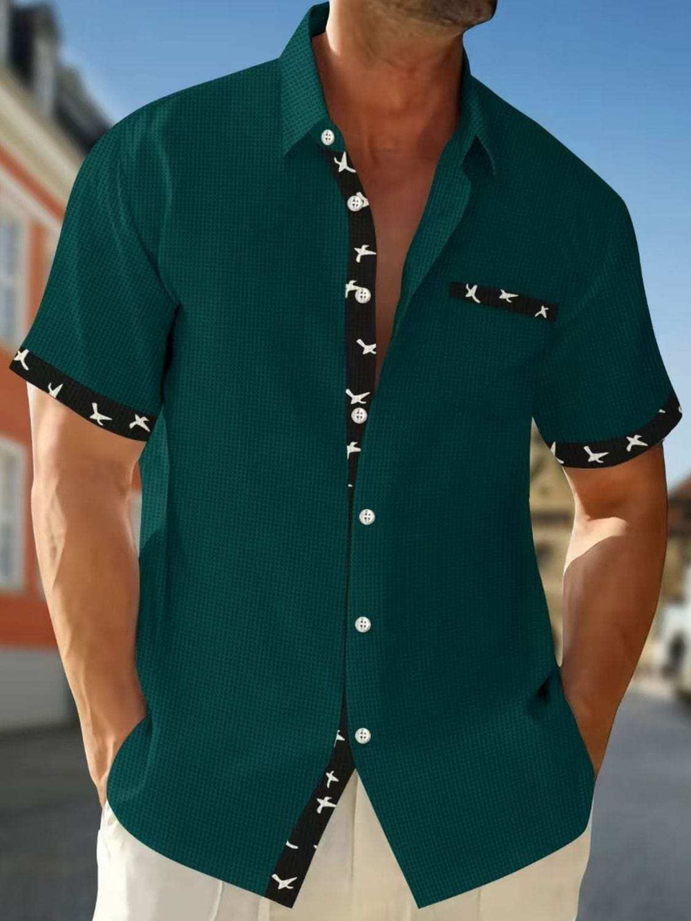 Men's Full Size Contrast Trim Waffle Knit Short Sleeve Shirt Plus Size - Trendsi - Flyclothing LLC
