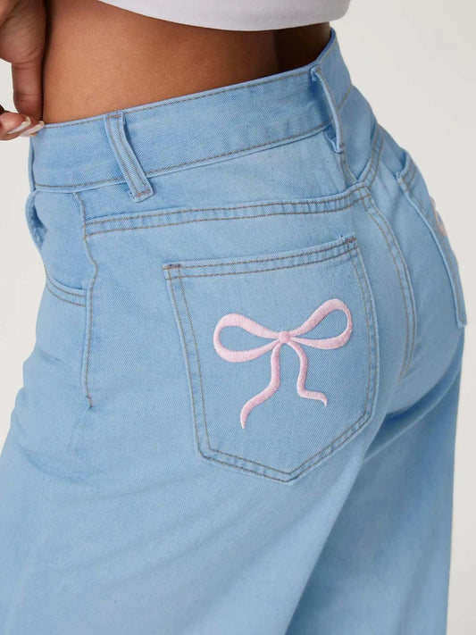 Embroidered Bow Back Wide Leg Jeans - Trendsi - Flyclothing LLC