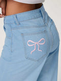 Embroidered Bow Back Wide Leg Jeans - Trendsi - Flyclothing LLC