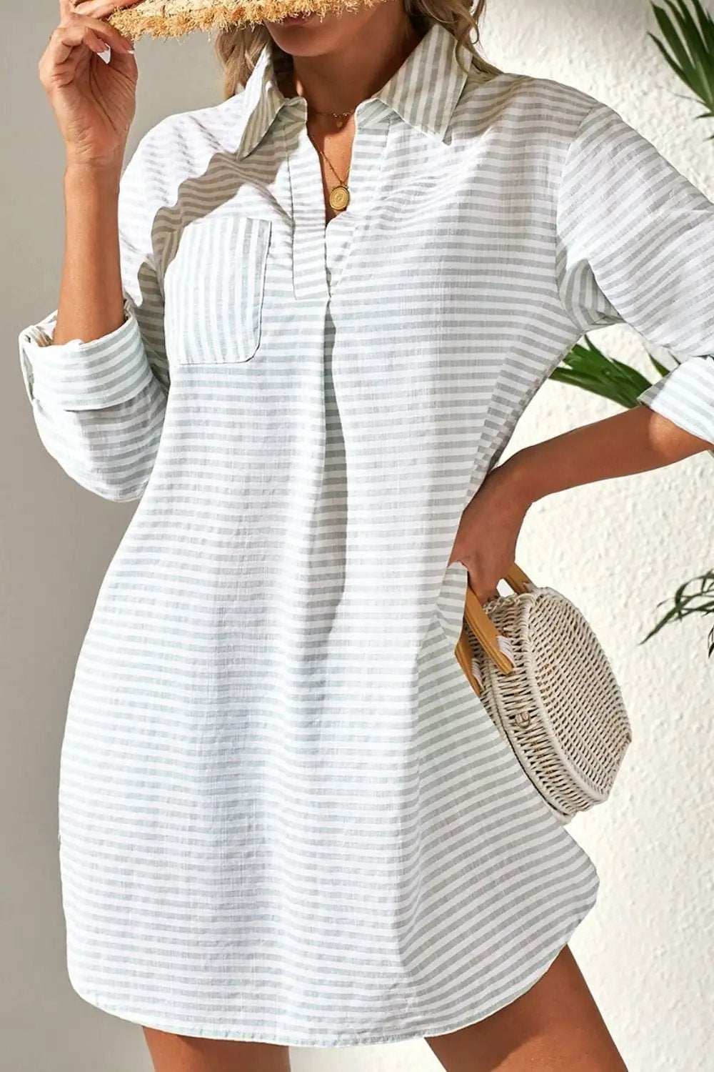 Striped Johnny Collar Long Sleeve Mini Shirt Dress - Trendsi - Flyclothing LLC