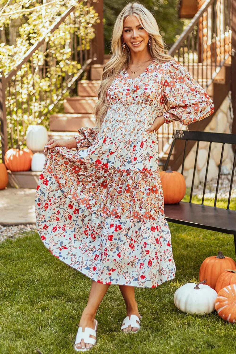 Full Size Printed V-Neck Lantern Sleeve Midi Dress - Trendsi - Flyclothing LLC