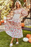 Full Size Printed V-Neck Lantern Sleeve Midi Dress - Trendsi - Flyclothing LLC