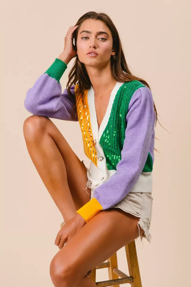 BiBi Mardi Gras Color Block Sequin Sweater Cardigan - Trendsi - Flyclothing LLC