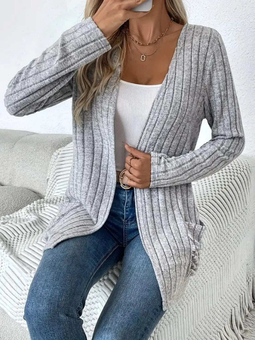 Ribbed Open Front Long Sleeve Cardigan with Pockets - Trendsi - Flyclothing LLC