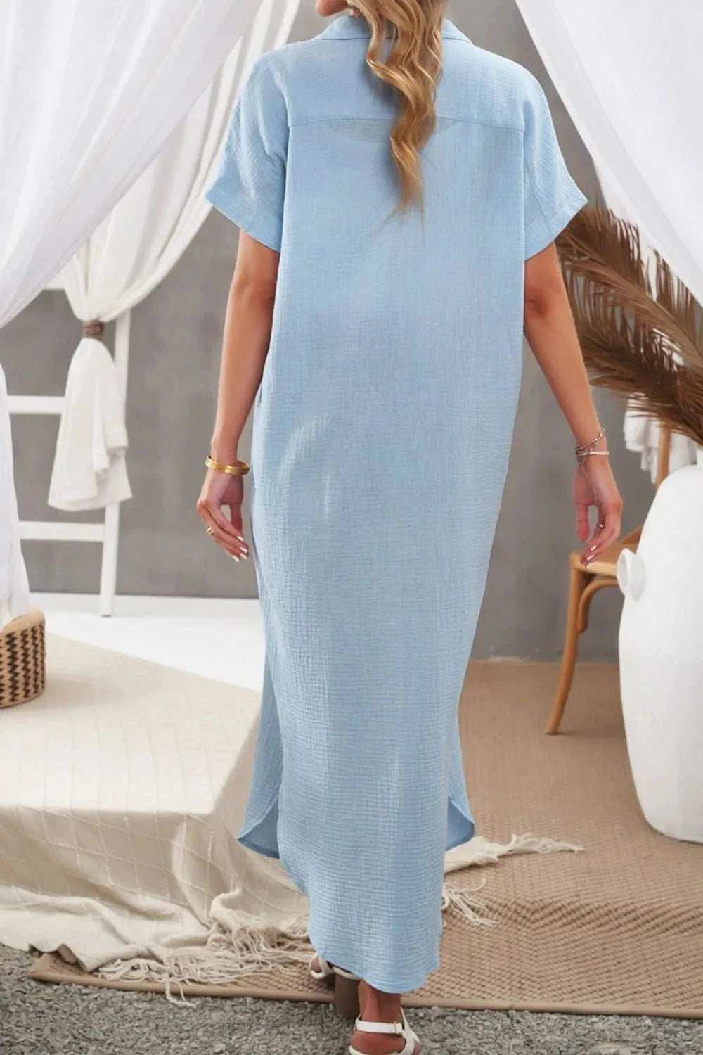 Button Down Short Sleeve Midi Shirt Dress - Trendsi - Flyclothing LLC