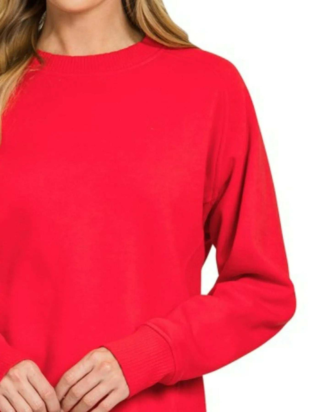 Zenana Fleece Round Neck Ribbed Side Raglan Sweatshirt - Trendsi - Flyclothing LLC